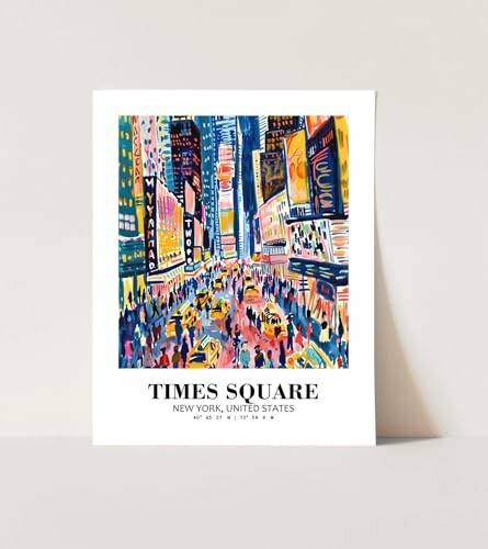 Colorful illustration of Times Square, New York City, with crowds and bright lights.