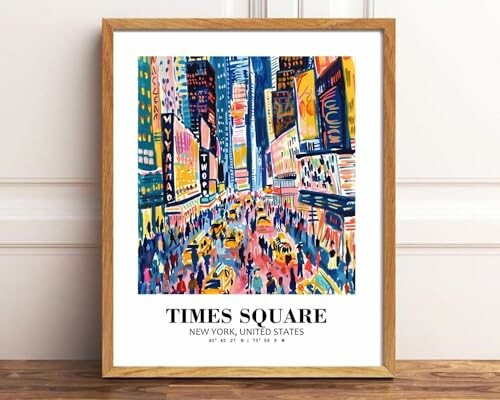 Colorful Times Square illustration in wooden frame.