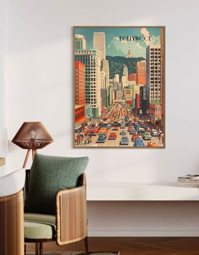 Room with a vintage cityscape poster on the wall.