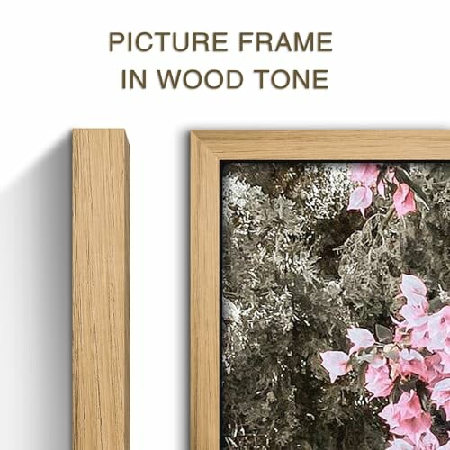 Wood tone picture frame with floral artwork.